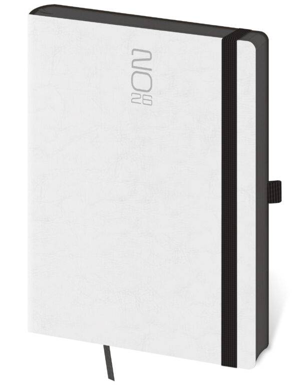 Týždenný diár A5 Memory biely s gumičkou, 2026