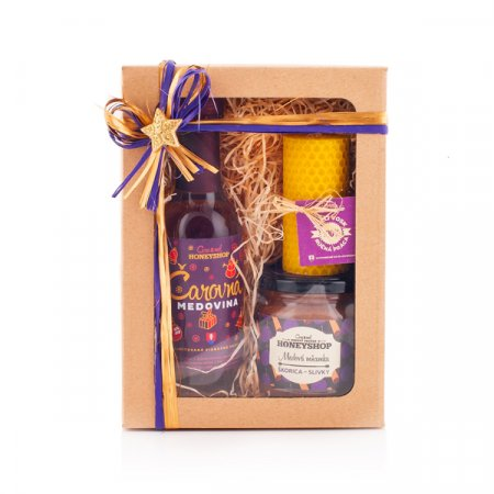 Vzorová kouzelná medová krabička, medovina, svíčka a medová mňamka