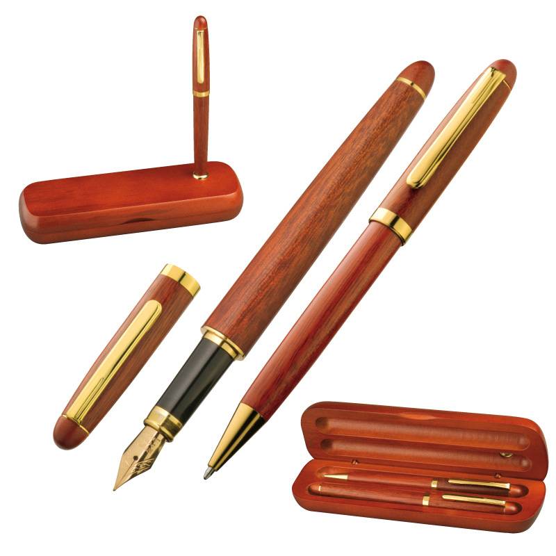 Drevená písacia súprava, guľôčkové pero a plniace pero, modrá náplň