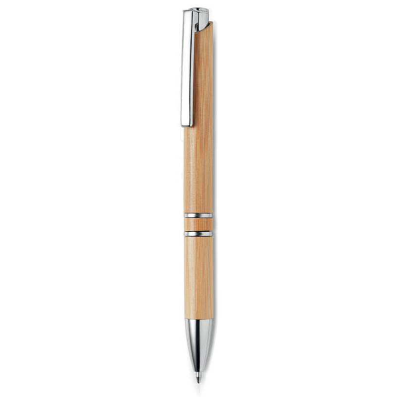 Guľôčkové pero z hliníka s bambusovým telom, modrá náplň, hnedá