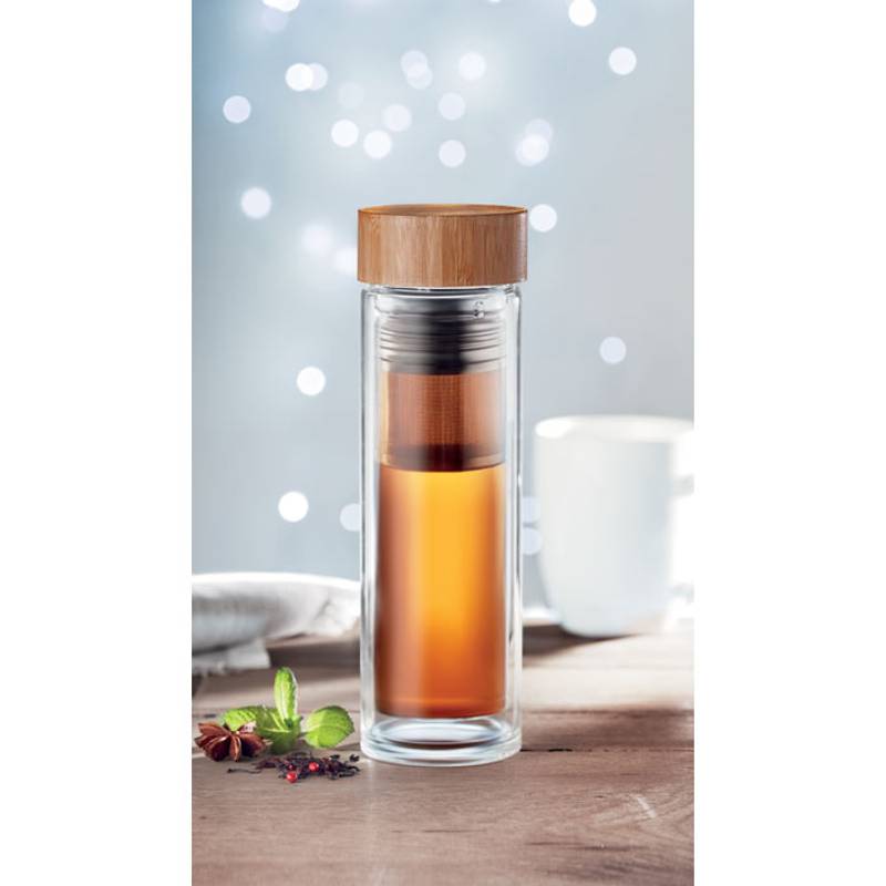 Dvoustěnná láhev z borosilikátového skla s bambusovým víčkem s infúzerom na čaj, 420 ml