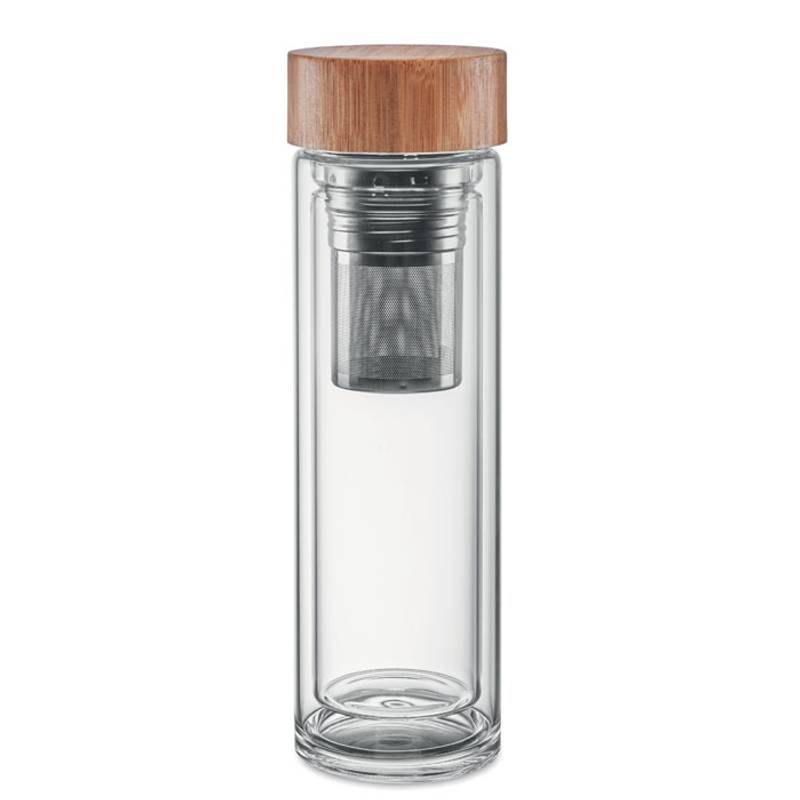 Dvoustěnná láhev z borosilikátového skla s bambusovým víčkem s infúzerom na čaj, 420 ml