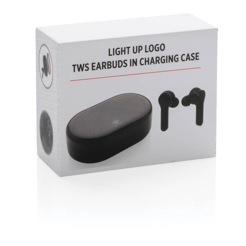 Bezdrôtové TWS sluchádla, dobíjacia krabička s light up logom, čierna