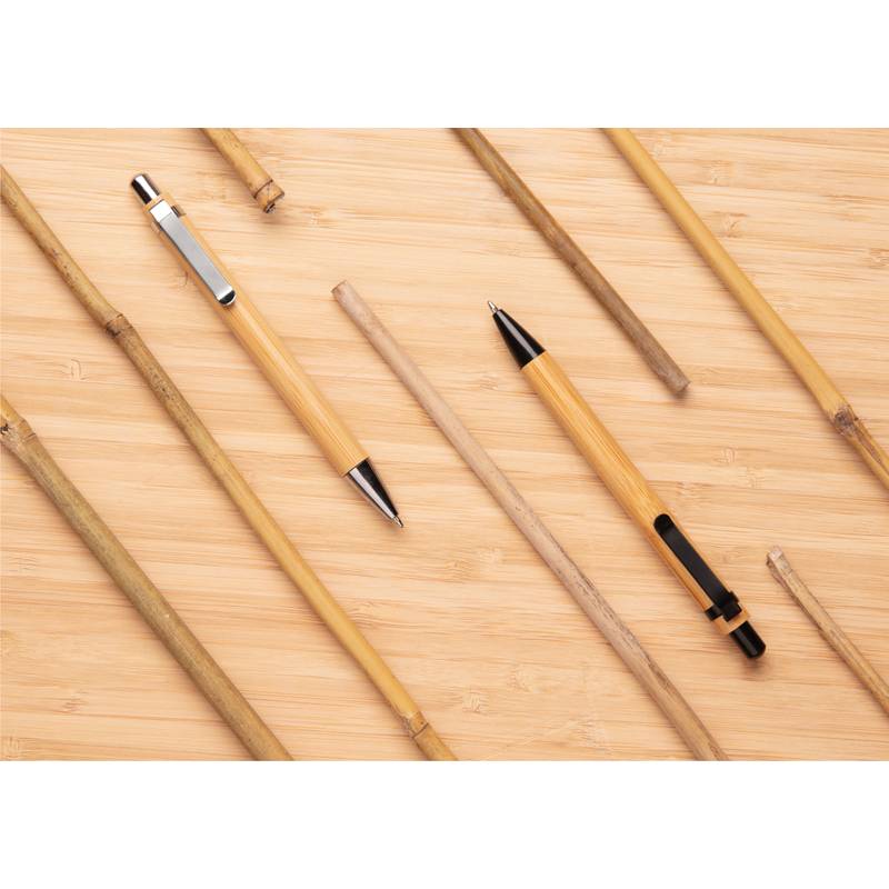 Bambusové guľôčkové pero s kovovým doplnkami, čierna náplň, strieborná