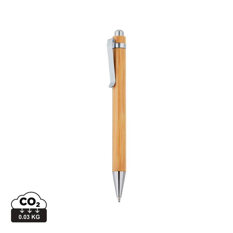 Bambusové guľôčkové pero s kovovým doplnkami, čierna náplň, strieborná