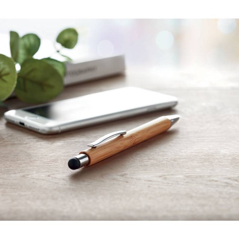 Bambusové kuličkové pero se stylusem, kovové doplňky, modrá náplň, hnědá