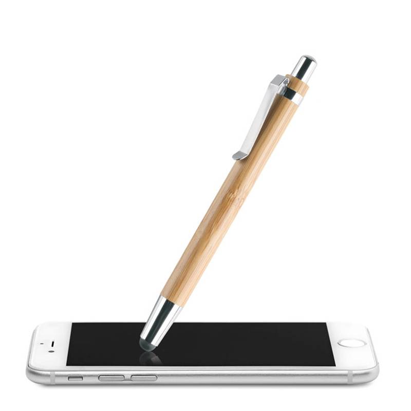 Bambusové kuličkové pero se stylusem, kovové doplňky, modrá náplň, hnědá