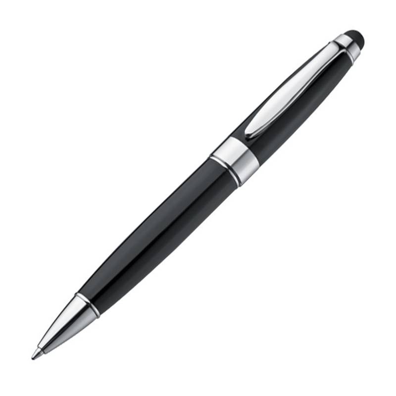 Kovové guľôčkové pero so stylusom, modrá náplň, čierna