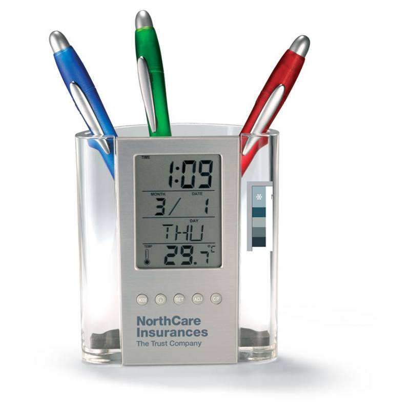 Hodinky a budík / stojan na perá, transparentná Hodinky a budík / stojan na perá, transparentná