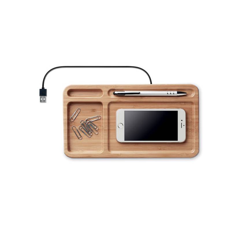 Krabička na stolné potreby z bambusu s bezdrôtovou nabíjačkou