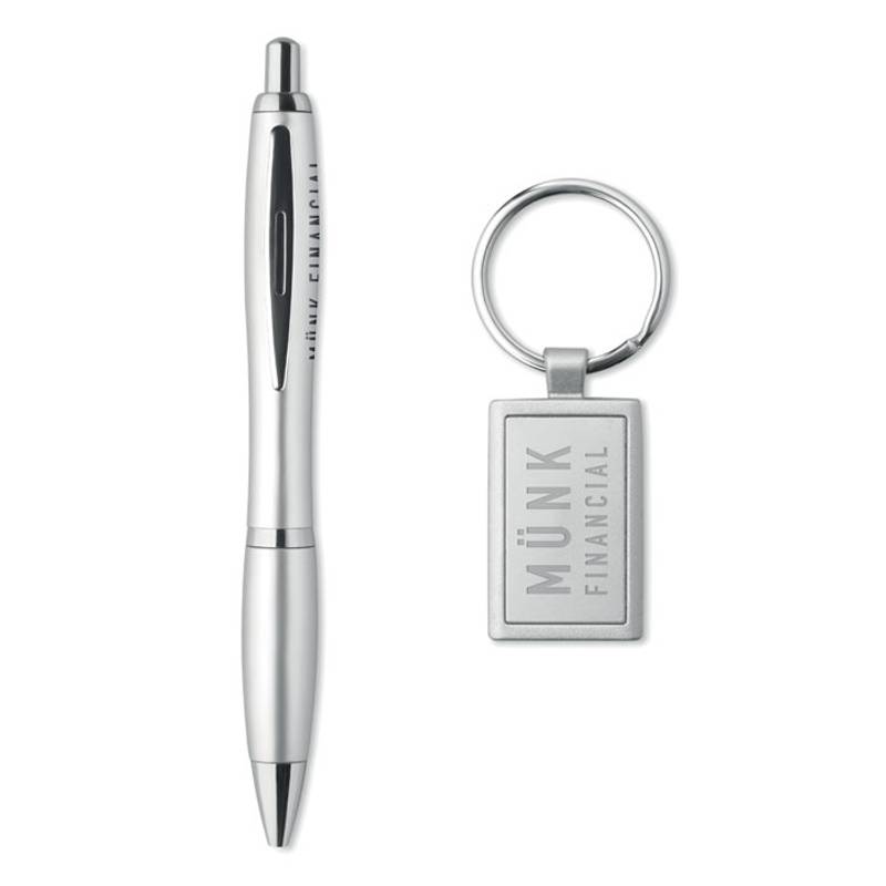 Psací souprava, plastové kuličkové pero a klíčenka, stříbrná