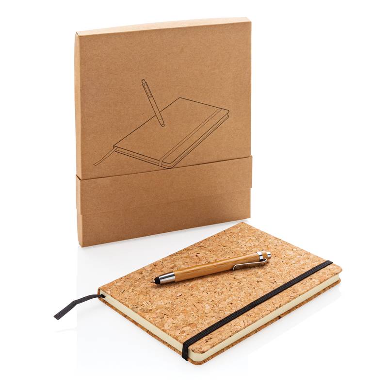 Eko zápisník, korkový obal a bambusové pero se stylusem, hnědá