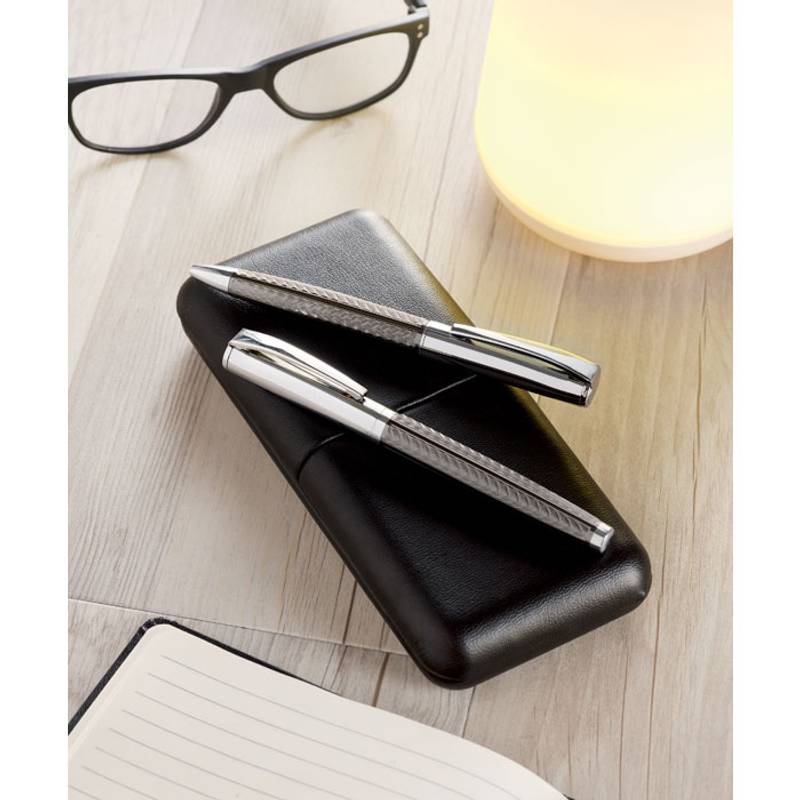 Psací souprava kuličkového pera a rolleru v krabičce, modrá náplň, šedá Psací souprava kuličkového pera a rolleru v krabičce, modrá náplň, šedá