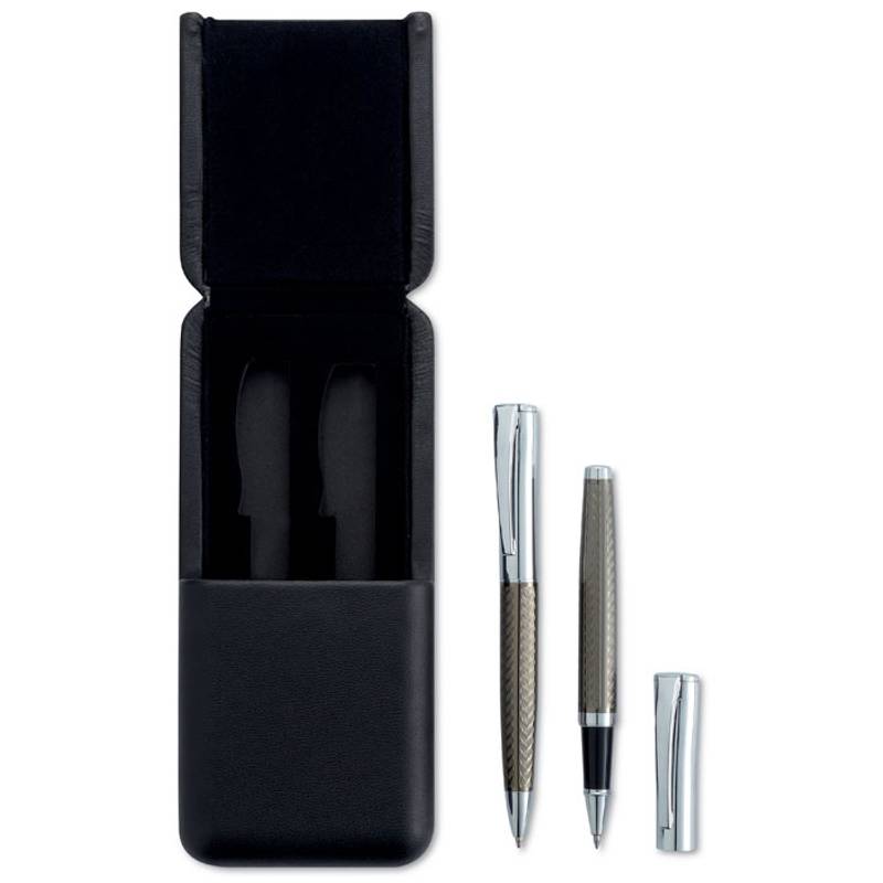 Psací souprava kuličkového pera a rolleru v krabičce, modrá náplň, šedá Psací souprava kuličkového pera a rolleru v krabičce, modrá náplň, šedá