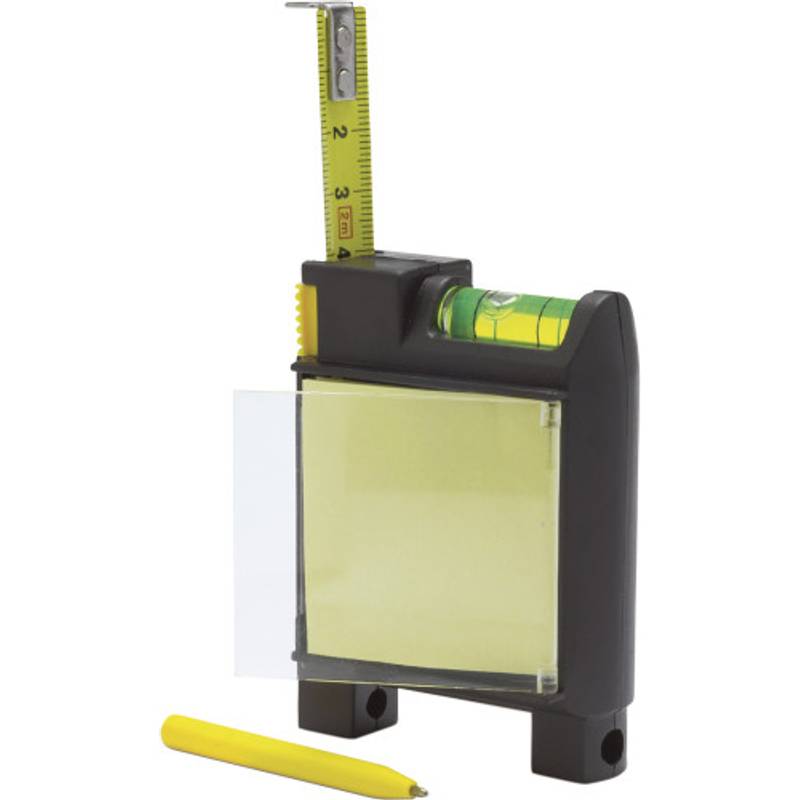 Plastový zvinovací meter 2 m, vodováha, poznámkový blok Plastový zvinovací meter 2 m, vodováha, poznámkový blok