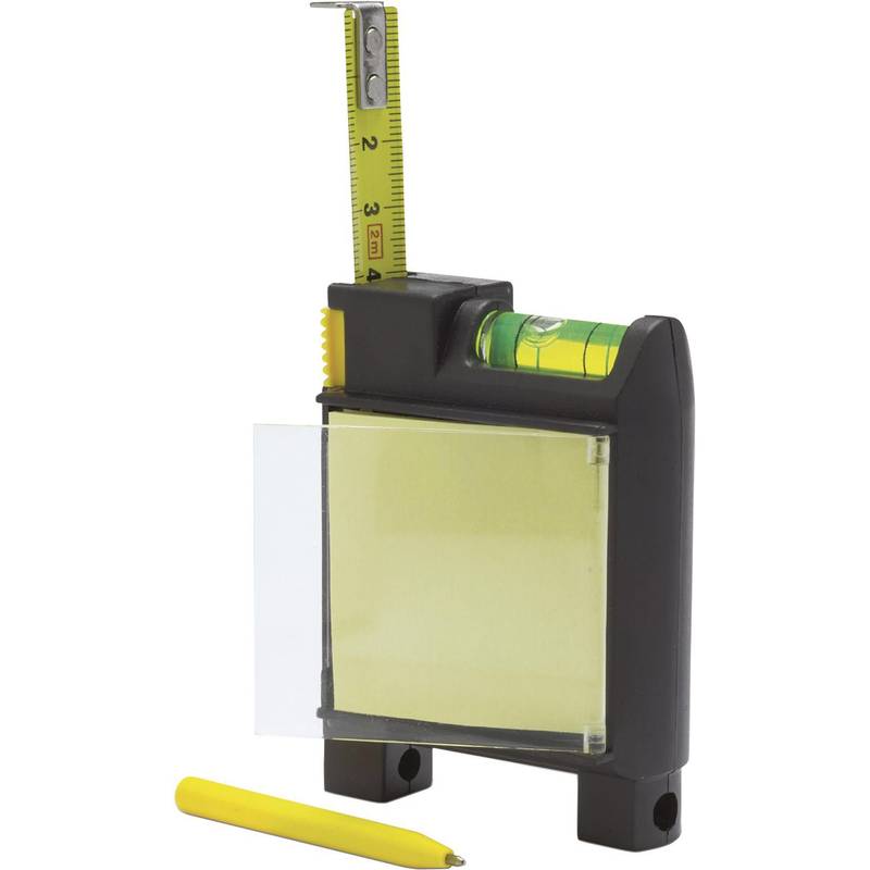 Plastový zvinovací meter 2 m, vodováha, poznámkový blok Plastový zvinovací meter 2 m, vodováha, poznámkový blok