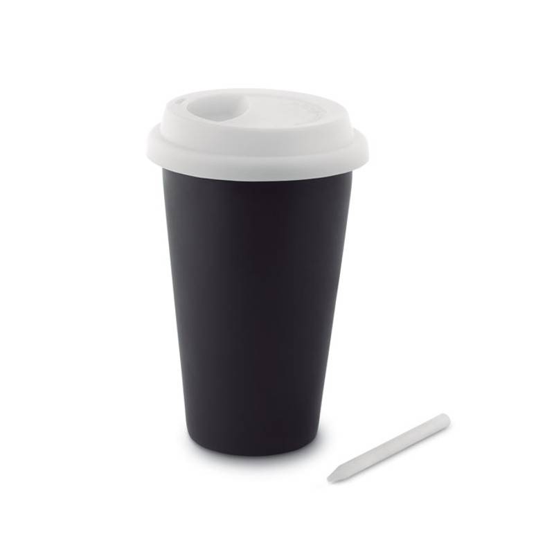 Keramický pohár s bílým silikonovým víčkem, s křídou, černá