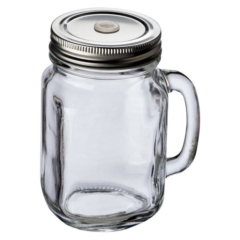 Sklenený pohár s kovovovým vrchnákom s dierkou na slamku, 450 ml