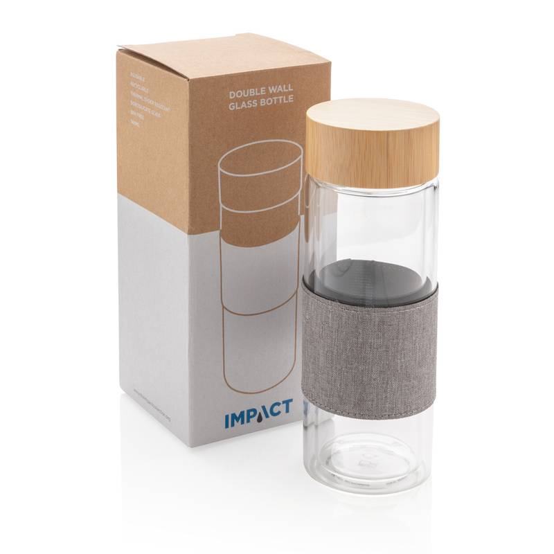 Dvojstenná sklenená fľaša s bambusovým uzáverom Impact Dvojstenná sklenená fľaša s bambusovým uzáverom Impact