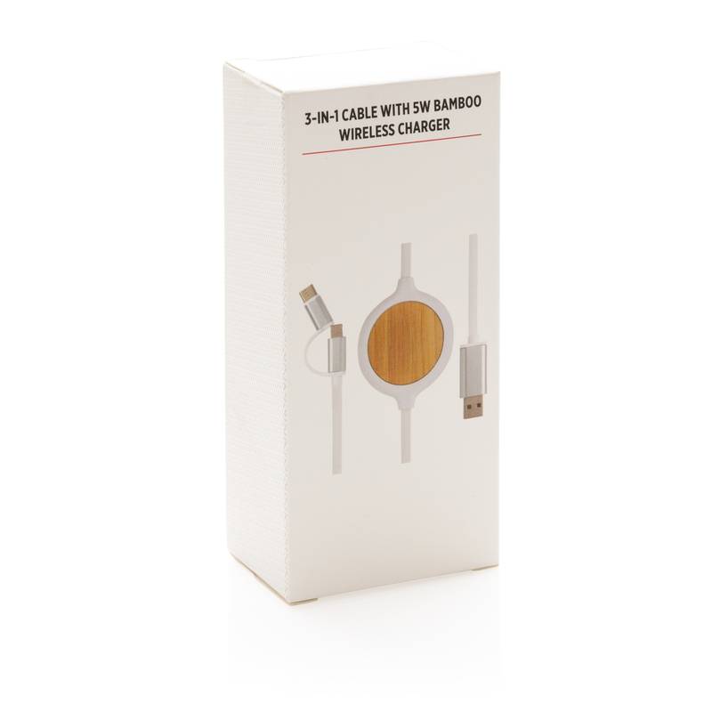 Kábel 3 v 1 s bambusovou bezdrôtovou nabíjačkou 5W, biela Kábel 3 v 1 s bambusovou bezdrôtovou nabíjačkou 5W, biela