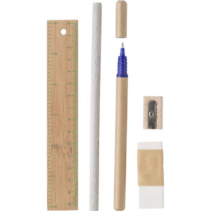 Psací sada v bavlněném pouzdře, KP s modrou n., Pravítko, tužka, ořezávátko, guma Psací sada v bavlněném pouzdře, KP s modrou n., Pravítko, tužka, ořezávátko, guma