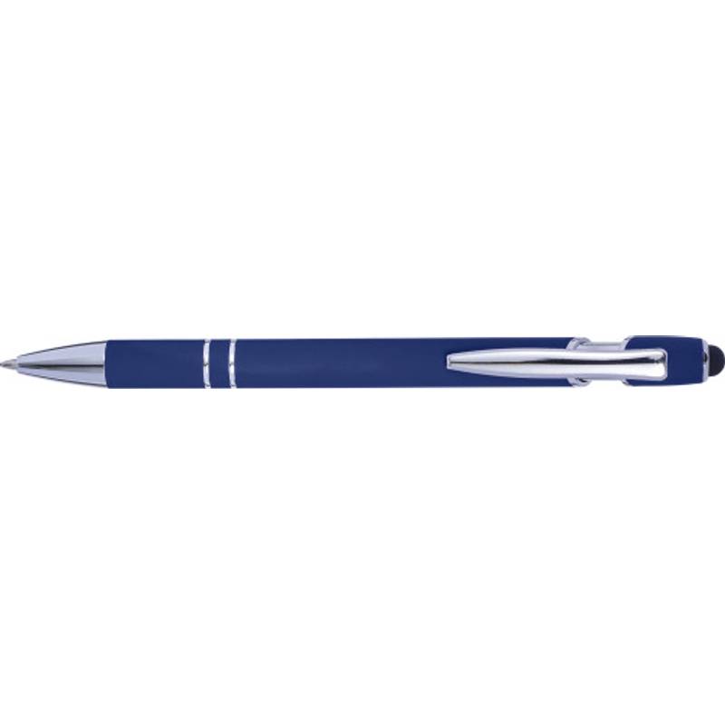 Guľôčkové pero so stylusom, modrou náplňou a pogumovaným povrchom, červené