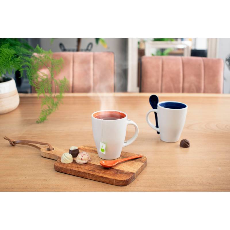 BRUNIT keramický hrnek s lžičkou v oušku, bílá a modrá BRUNIT keramický hrnek s lžičkou v oušku, bílá a modrá