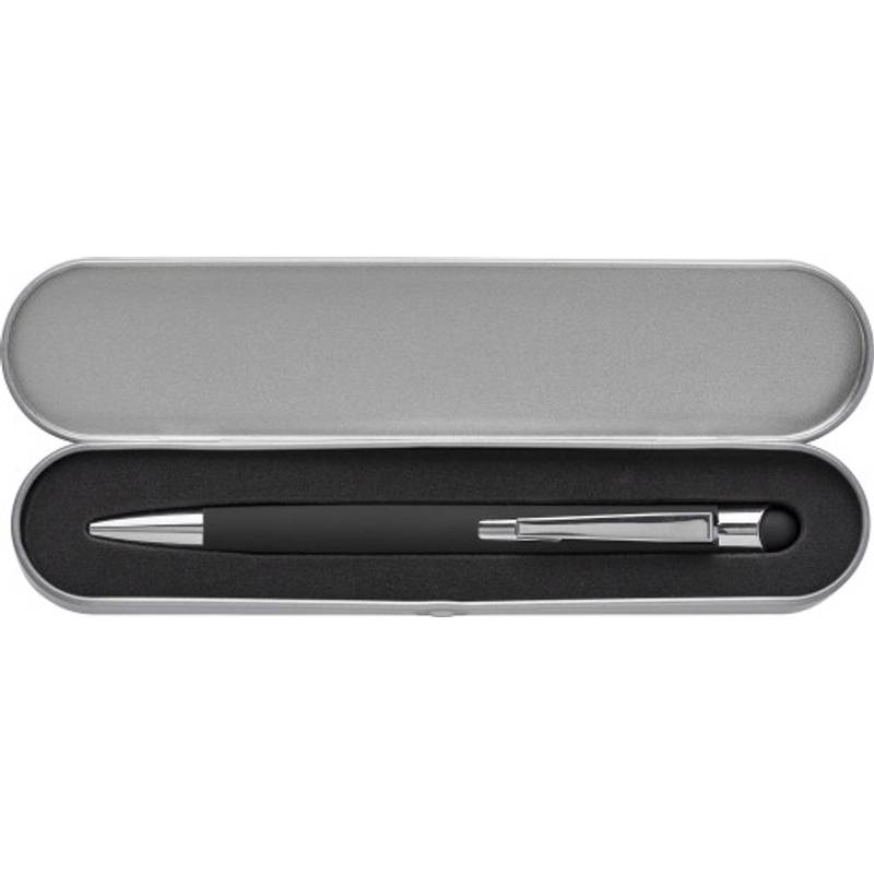 Hliníkové kuličkové pero s gumovým povrchem, černá náplň, černá Hliníkové kuličkové pero s gumovým povrchem, černá náplň, černá