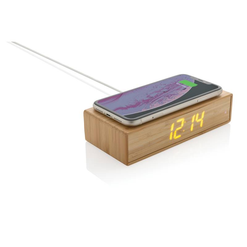 Bambusové digitálne hodiny s bezdrôtovou nabíjačkou 5W, hnedá