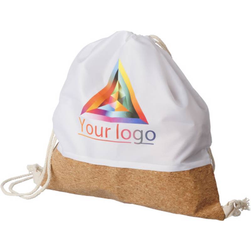 Batoh z RPET a korku so sťahovacou šnúrkou, biela / hnedá Batoh z RPET a korku so sťahovacou šnúrkou, biela / hnedá