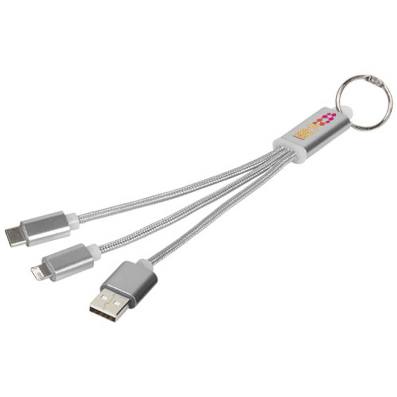 Kovový 3 v 1 nabíjací kábel s krúžkom na kľúče, strieborná Kovový 3 v 1 nabíjací kábel s krúžkom na kľúče, strieborná
