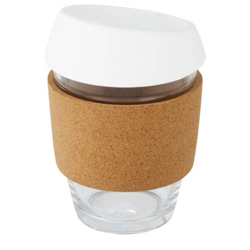 Pohár objemu 360 ml z borosilikátového skla s korkovým obalom a silikonovým viečkom Lidan, biela Pohár objemu 360 ml z borosilikátového skla s korkovým obalom a silikonovým viečkom Lidan, biela