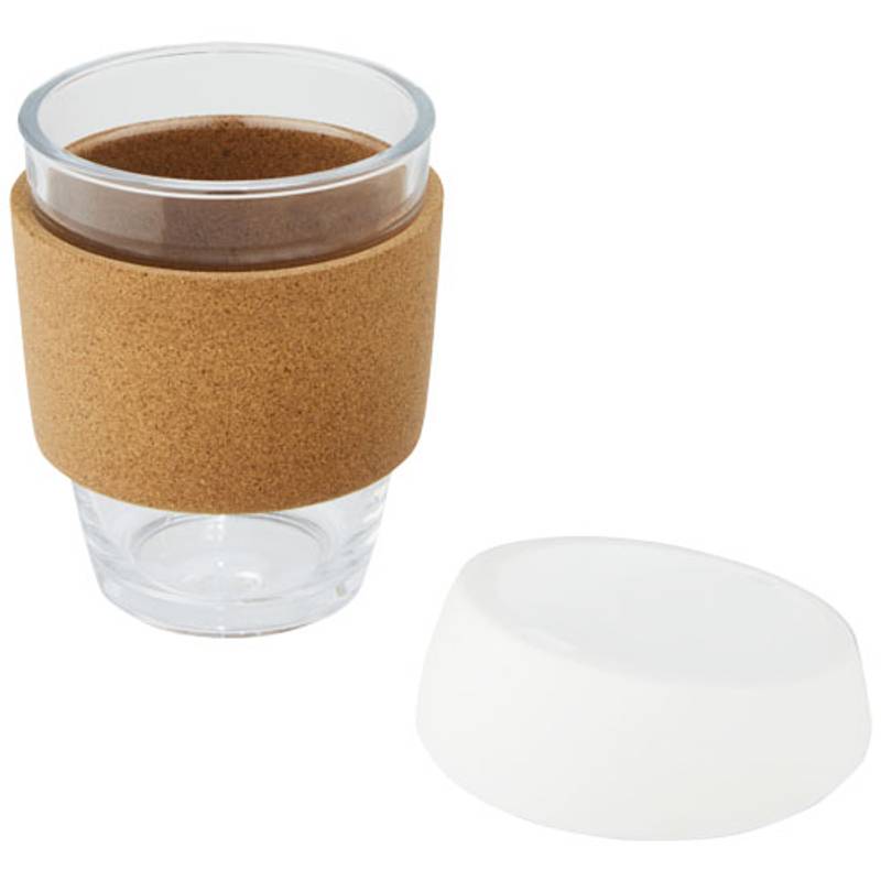 Pohár objemu 360 ml z borosilikátového skla s korkovým obalom a silikonovým viečkom Lidan, biela Pohár objemu 360 ml z borosilikátového skla s korkovým obalom a silikonovým viečkom Lidan, biela