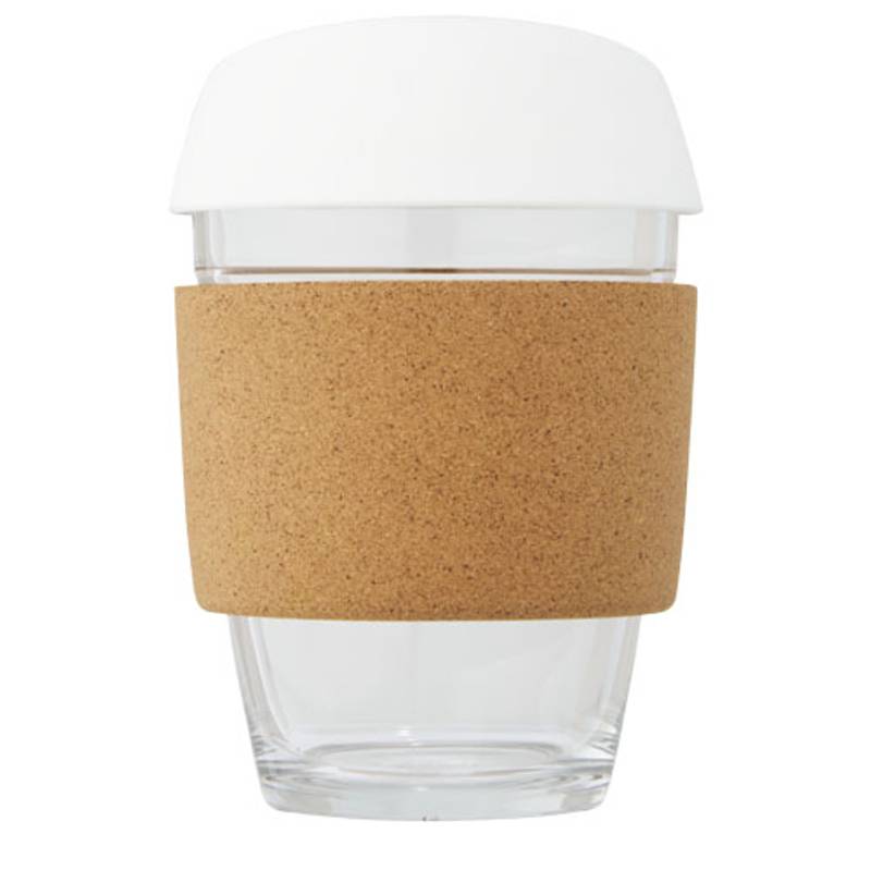 Pohár objemu 360 ml z borosilikátového skla s korkovým obalom a silikonovým viečkom Lidan, biela Pohár objemu 360 ml z borosilikátového skla s korkovým obalom a silikonovým viečkom Lidan, biela