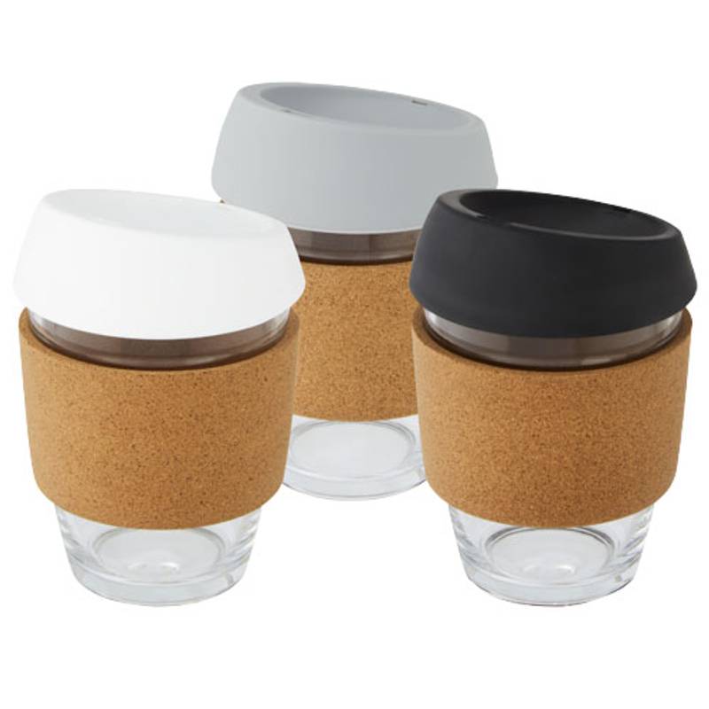 Pohár objemu 360 ml z borosilikátového skla s korkovým obalom a silikonovým viečkom Lidan, biela Pohár objemu 360 ml z borosilikátového skla s korkovým obalom a silikonovým viečkom Lidan, biela