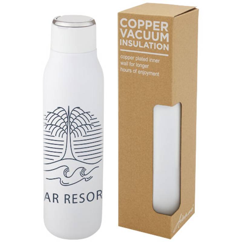 Medená fľaša s vákuovou izoláciou o objemu 600 ml s kovovým pútkom Marka, biela Medená fľaša s vákuovou izoláciou o objemu 600 ml s kovovým pútkom Marka, biela