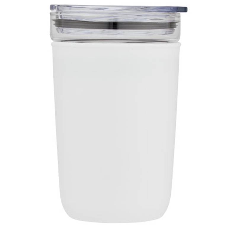 Sklenený hrnček o objemu 420 ml s vonkajšou stenou z recyklovaného plastu Bello, modrá Sklenený hrnček o objemu 420 ml s vonkajšou stenou z recyklovaného plastu Bello, modrá