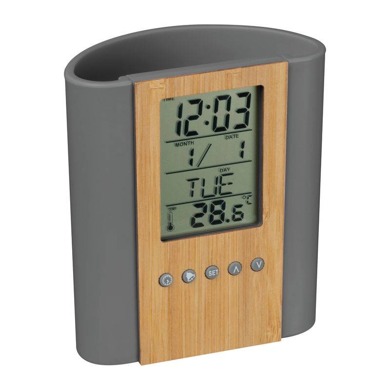 Stolní držák na pera s hodinami, šedá Stolní držák na pera s hodinami, šedá