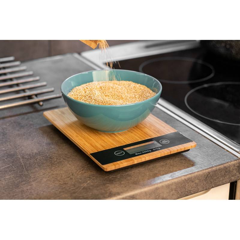 Kuchyňská váha z bambusu s černým displejem, hnědá béžová Kuchyňská váha z bambusu s černým displejem, hnědá béžová