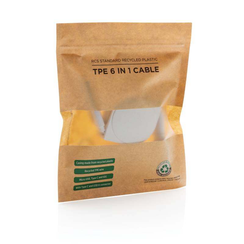 Nabíjací kábel 6 v 1 z RCS recyklovaného plastu a TPE, biela Nabíjací kábel 6 v 1 z RCS recyklovaného plastu a TPE, biela