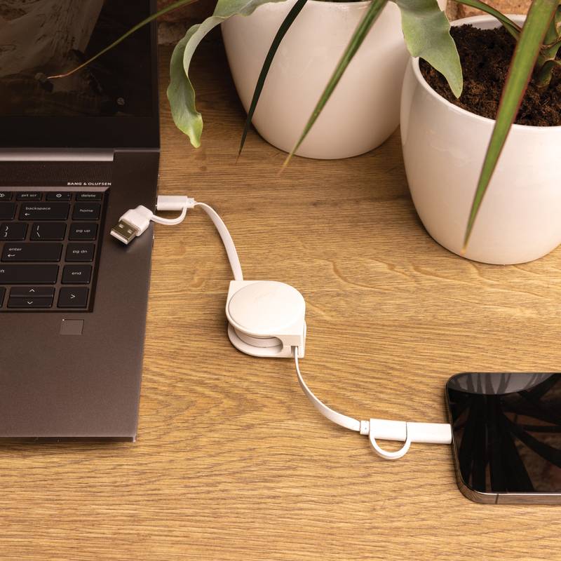 Nabíjací kábel 6 v 1 z RCS recyklovaného plastu a TPE, biela Nabíjací kábel 6 v 1 z RCS recyklovaného plastu a TPE, biela