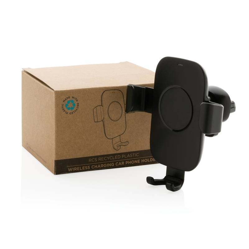 Držiak telefónu do auta s 10W Qi z RCS recyklovaného plastu, čierna Držiak telefónu do auta s 10W Qi z RCS recyklovaného plastu, čierna