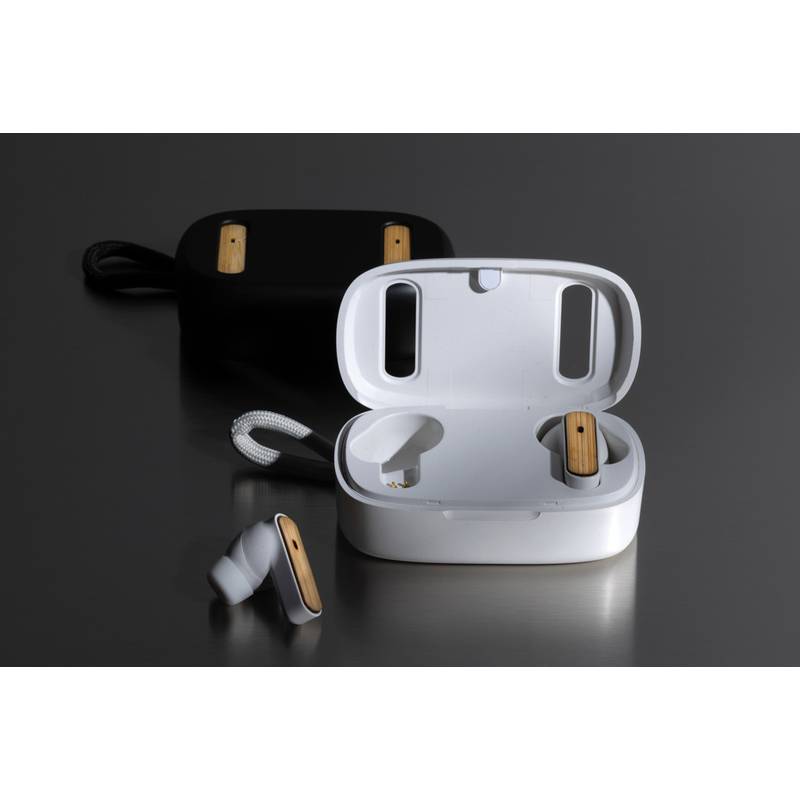 TWS slúchadlá z RCS recykl. plastu a FSC® bambusu, biela TWS slúchadlá z RCS recykl. plastu a FSC® bambusu, biela