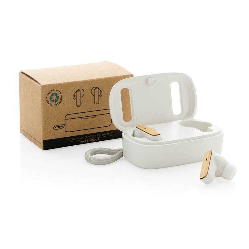 TWS slúchadlá z RCS recykl. plastu a FSC® bambusu, biela TWS slúchadlá z RCS recykl. plastu a FSC® bambusu, biela