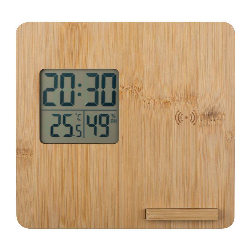 Meteostanica a bezdrôtová nabíjačka z bambusu, hnedá béžová Meteostanica a bezdrôtová nabíjačka z bambusu, hnedá béžová