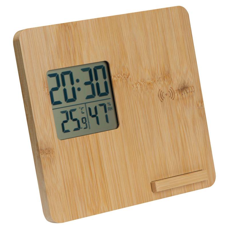 Meteostanica a bezdrôtová nabíjačka z bambusu, hnedá béžová Meteostanica a bezdrôtová nabíjačka z bambusu, hnedá béžová