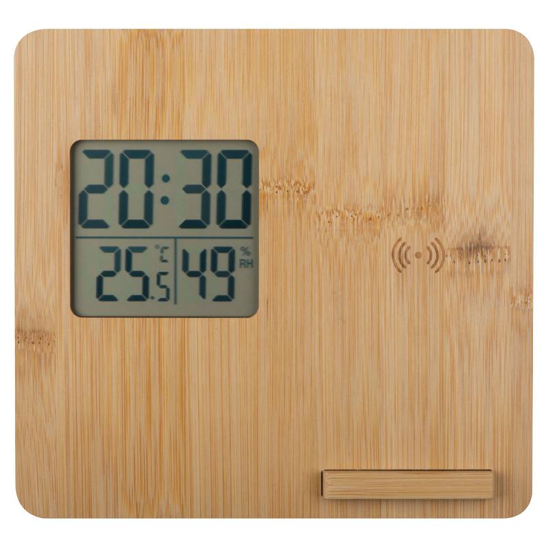 Meteostanica a bezdrôtová nabíjačka z bambusu, hnedá béžová Meteostanica a bezdrôtová nabíjačka z bambusu, hnedá béžová