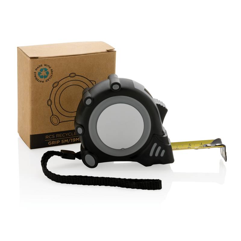 Svinovací metr Grip 5m/19mm z RCS recykl. plastu, šedá - černá Svinovací metr Grip 5m/19mm z RCS recykl. plastu, šedá - černá