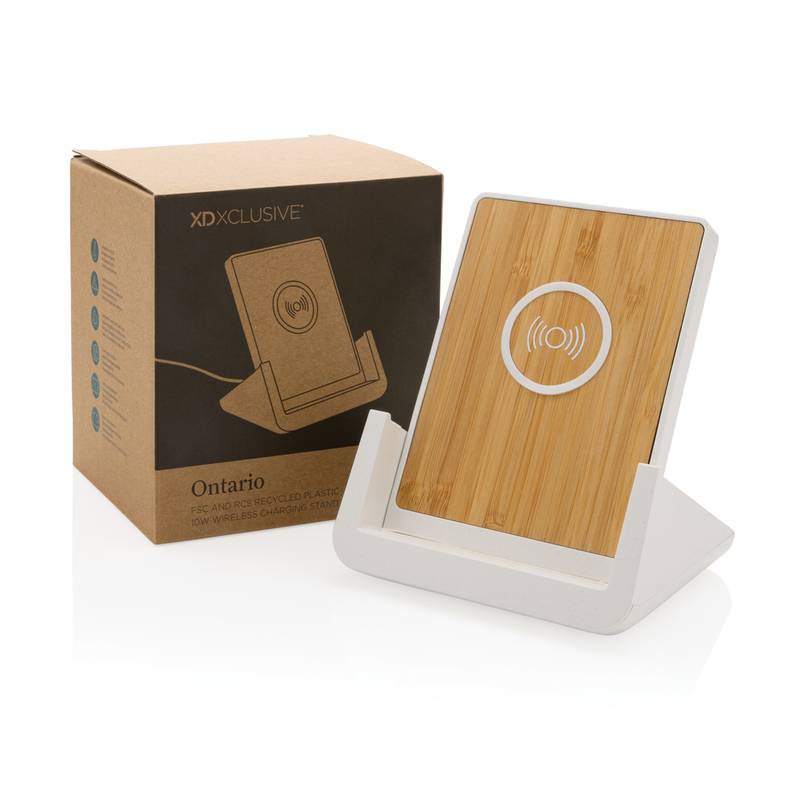 Bezdrôtový stojanček Ontario 10W z FSC® bambusu a RCS rABS, biela Bezdrôtový stojanček Ontario 10W z FSC® bambusu a RCS rABS, biela
