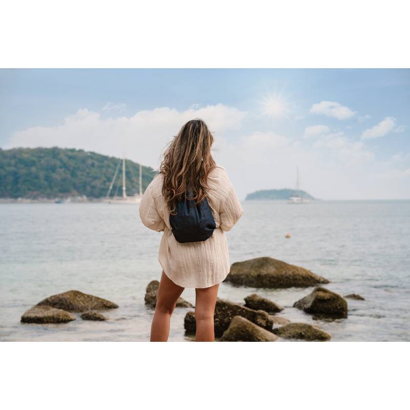 Šňůrkový batoh Impact z recyklovaného denimu AWARE™, modrá Šňůrkový batoh Impact z recyklovaného denimu AWARE™, modrá